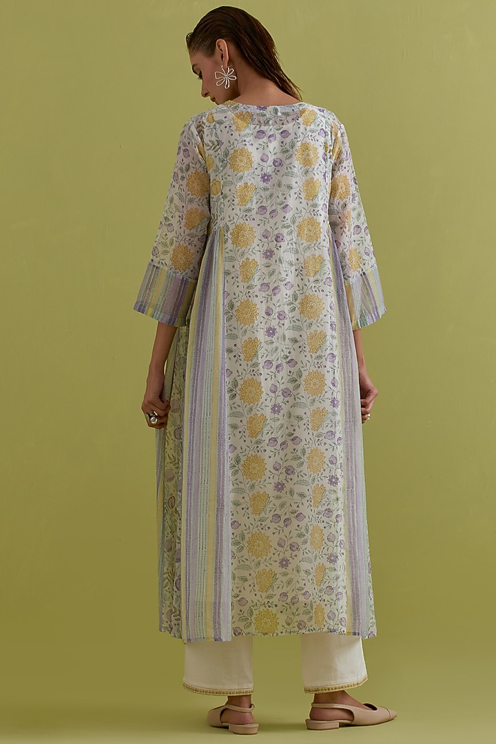 Yellow & Purple Cotton Chanderi Floral Printed Kurta Set by Kora at Pernia's Pop Up Shop