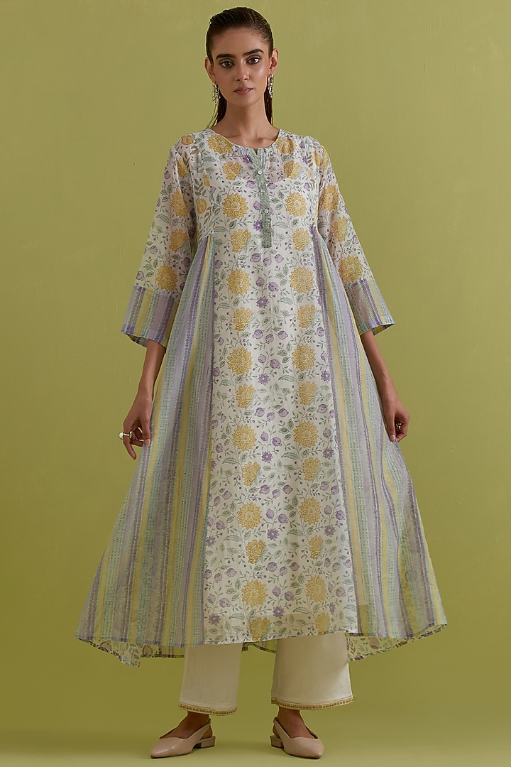 Yellow & Purple Cotton Chanderi Floral Printed Kurta Set by Kora at Pernia's Pop Up Shop