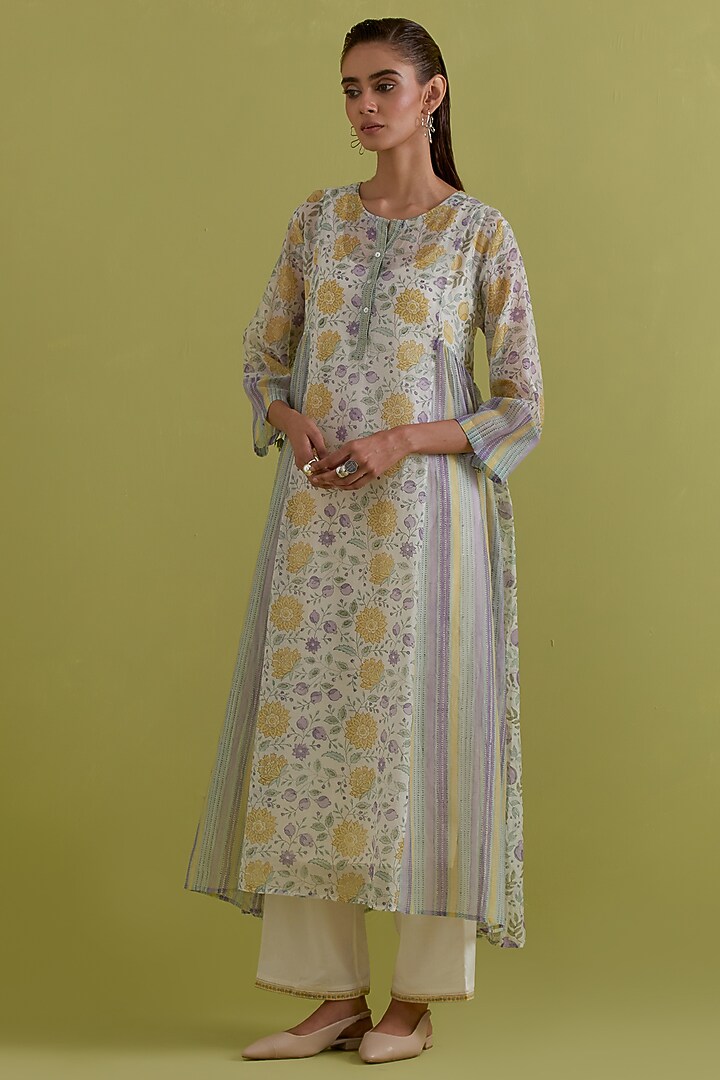 Yellow & Purple Cotton Chanderi Floral Printed Kurta Set by Kora at Pernia's Pop Up Shop