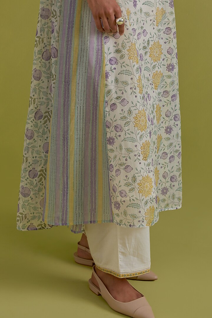 Yellow & Purple Cotton Chanderi Floral Printed Kurta Set by Kora at Pernia's Pop Up Shop