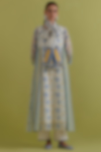 Blue & Yellow Cotton Chanderi Floral Printed Kurta Set by Kora at Pernia's Pop Up Shop