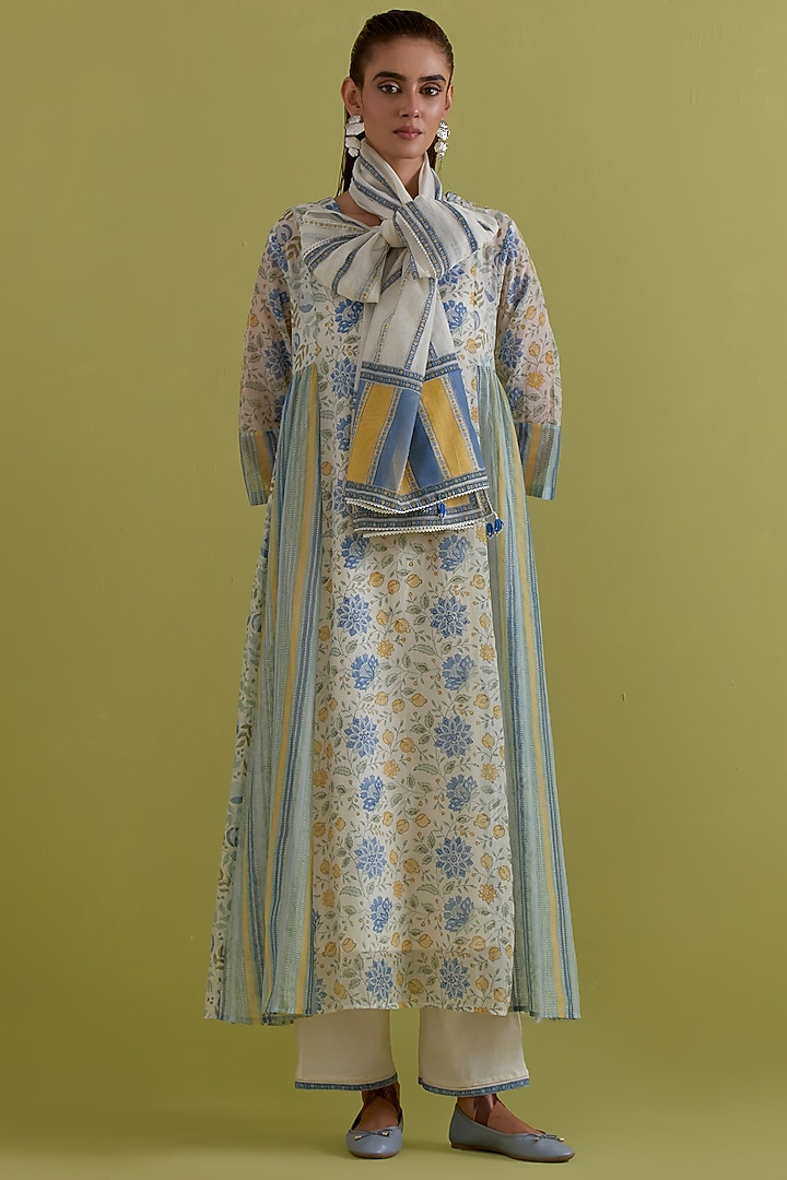 Blue & Yellow Cotton Chanderi Floral Printed Kurta Set by Kora at Pernia's Pop Up Shop