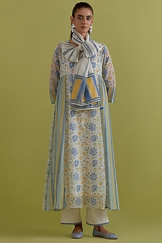 Blue & Yellow Cotton Chanderi Floral Printed Kurta Set by Kora
