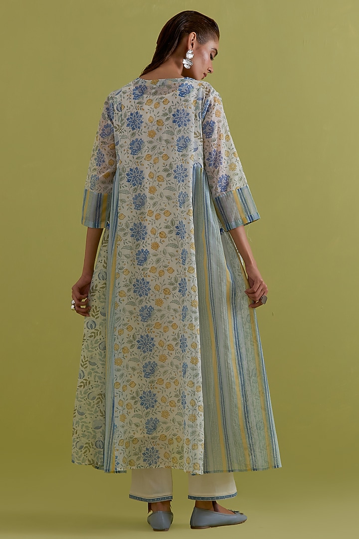 Blue & Yellow Cotton Chanderi Floral Printed Kurta Set by Kora at Pernia's Pop Up Shop