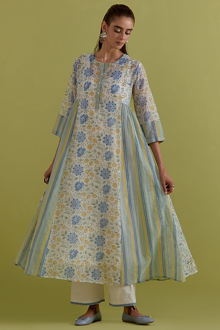 Blue & Yellow Cotton Chanderi Floral Printed Kurta Set by Kora at Pernia's Pop Up Shop