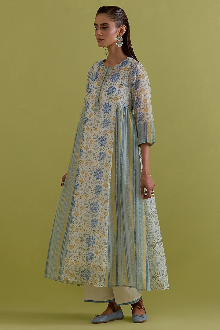 Blue & Yellow Cotton Chanderi Floral Printed Kurta Set by Kora at Pernia's Pop Up Shop