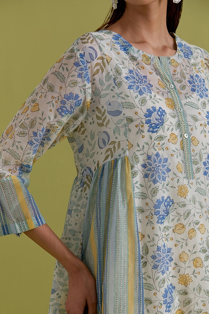 Blue & Yellow Cotton Chanderi Floral Printed Kurta Set by Kora at Pernia's Pop Up Shop