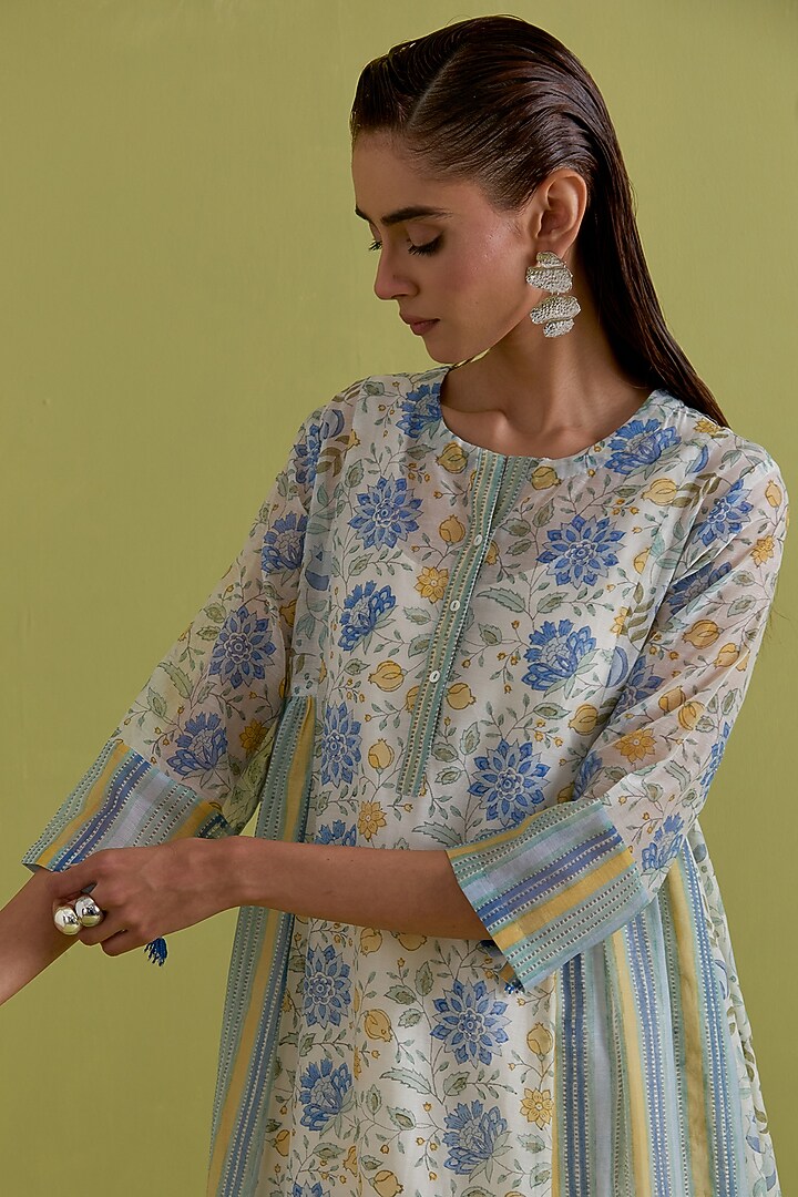 Blue & Yellow Cotton Chanderi Floral Printed Kurta Set by Kora at Pernia's Pop Up Shop