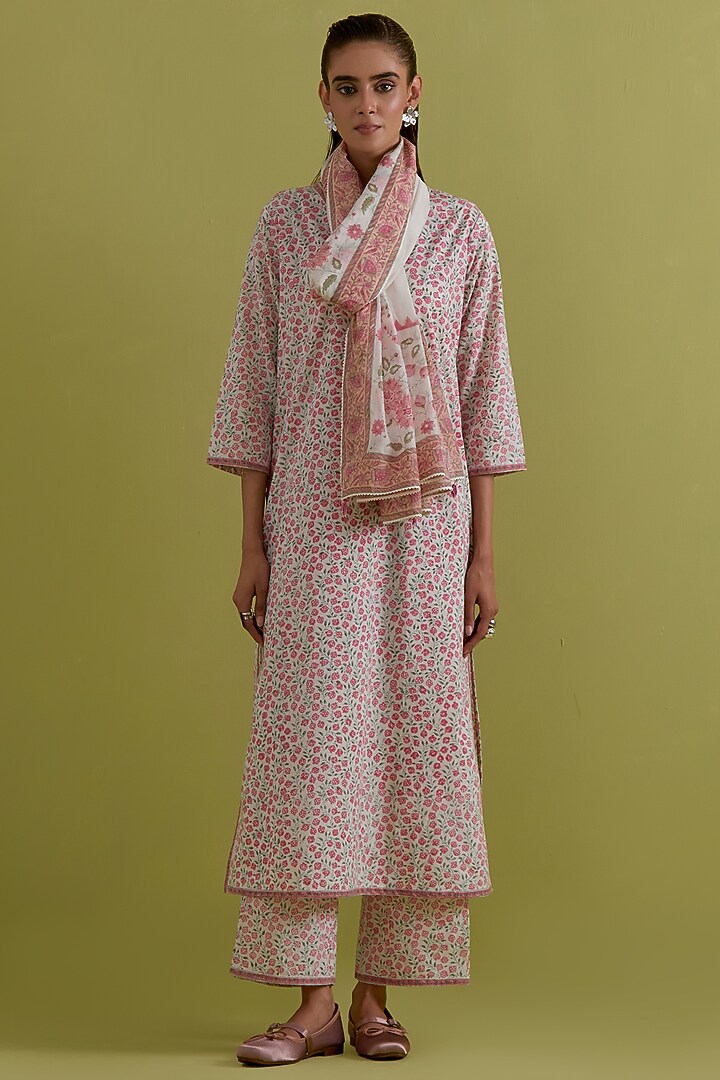 Pink & Green Cotton Chanderi Floral Printed Kurta Set by Kora at Pernia's Pop Up Shop