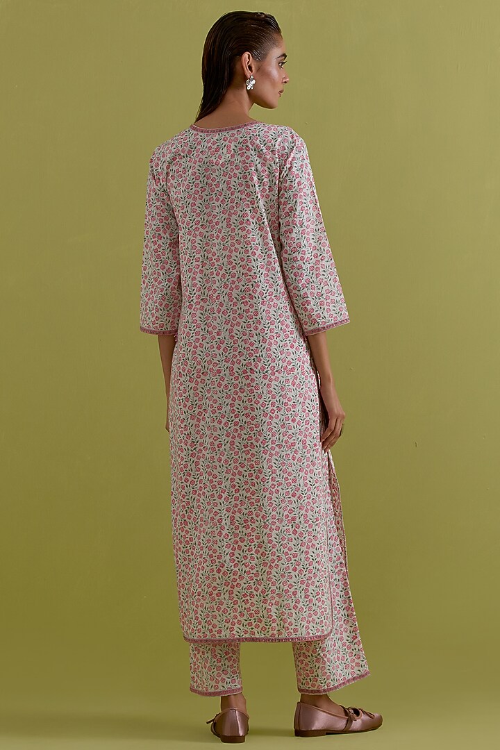 Pink & Green Cotton Chanderi Floral Printed Kurta Set by Kora at Pernia's Pop Up Shop