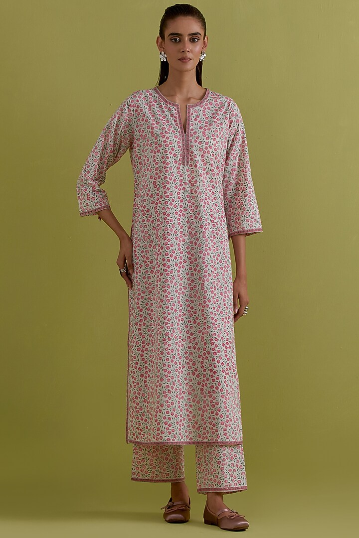 Pink & Green Cotton Chanderi Floral Printed Kurta Set by Kora at Pernia's Pop Up Shop