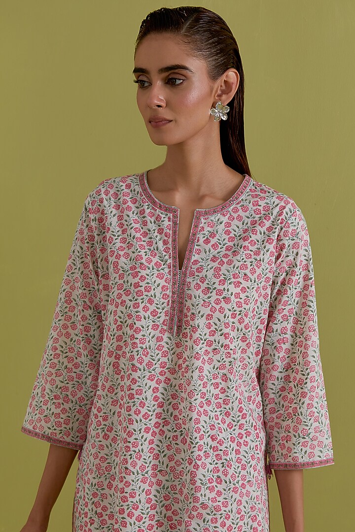Pink & Green Cotton Chanderi Floral Printed Kurta Set by Kora at Pernia's Pop Up Shop