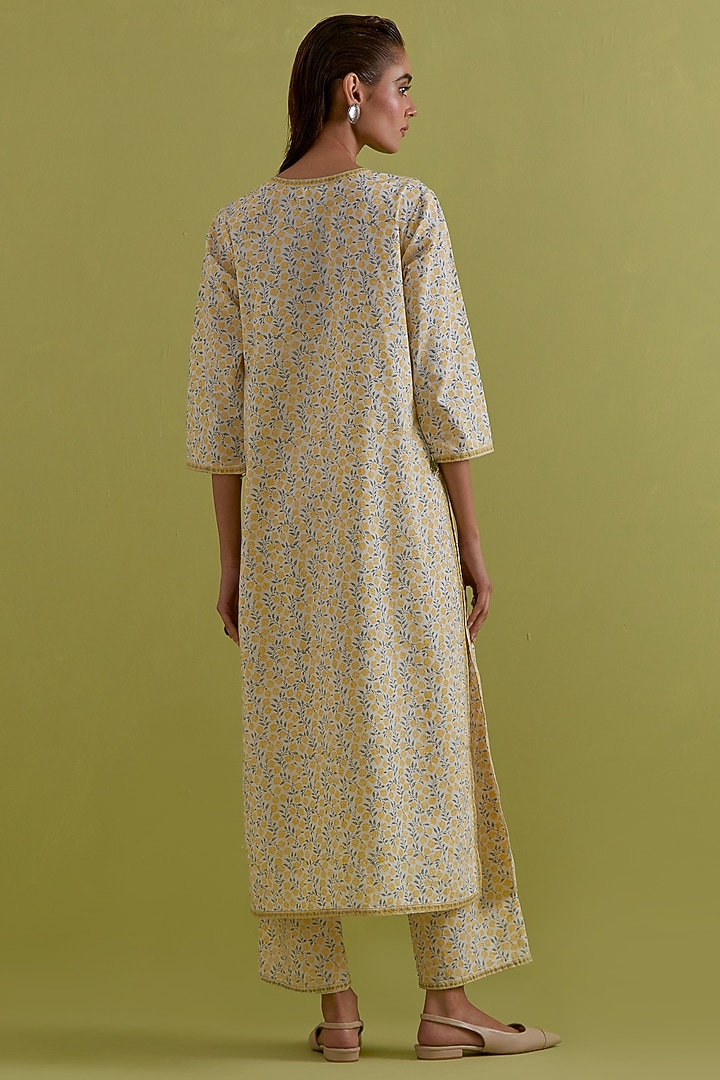 Yellow & Green Cotton Chanderi Floral Printed Kurta Set by Kora at Pernia's Pop Up Shop
