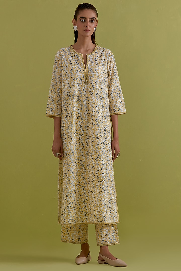 Yellow & Green Cotton Chanderi Floral Printed Kurta Set by Kora at Pernia's Pop Up Shop