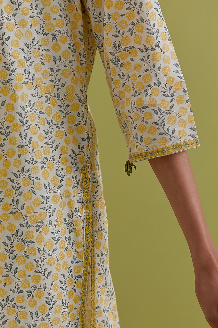 Yellow & Green Cotton Chanderi Floral Printed Kurta Set by Kora at Pernia's Pop Up Shop