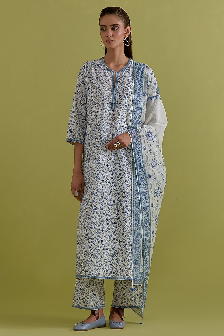 Blue & Green Cotton Chanderi Floral Printed Kurta Set by Kora at Pernia's Pop Up Shop