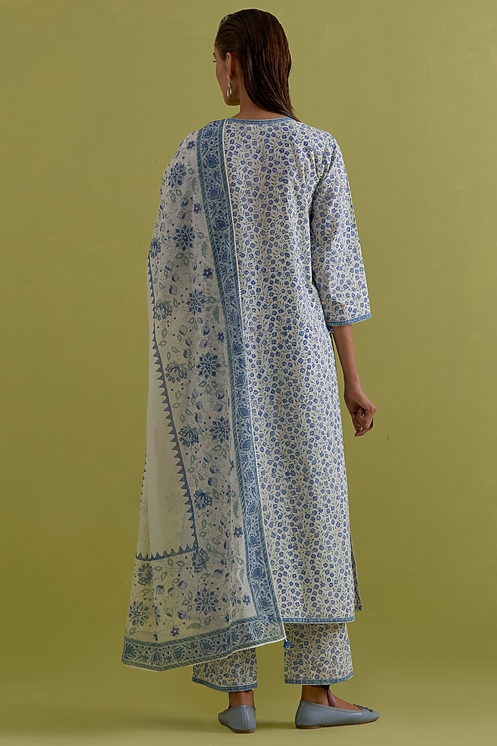 Blue & Green Cotton Chanderi Floral Printed Kurta Set by Kora at Pernia's Pop Up Shop