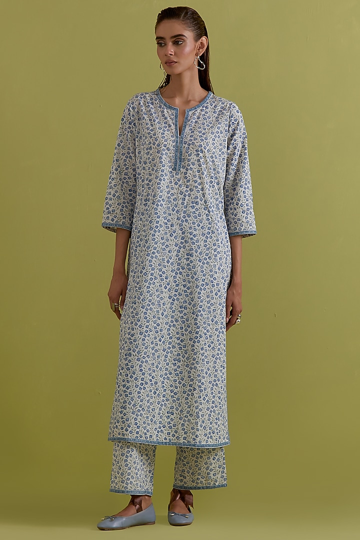 Blue & Green Cotton Chanderi Floral Printed Kurta Set by Kora at Pernia's Pop Up Shop