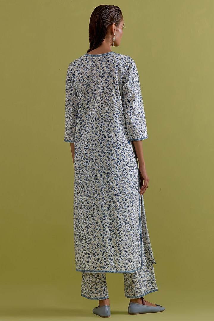 Blue & Green Cotton Chanderi Floral Printed Kurta Set by Kora at Pernia's Pop Up Shop