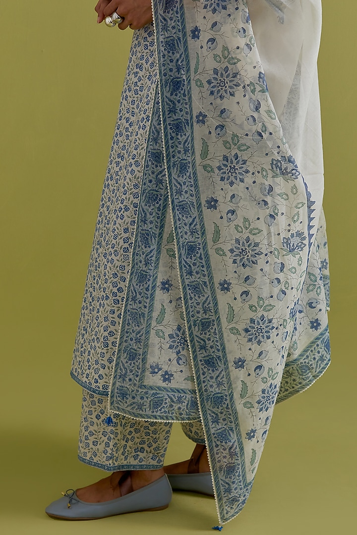 Blue & Green Cotton Chanderi Floral Printed Kurta Set by Kora at Pernia's Pop Up Shop