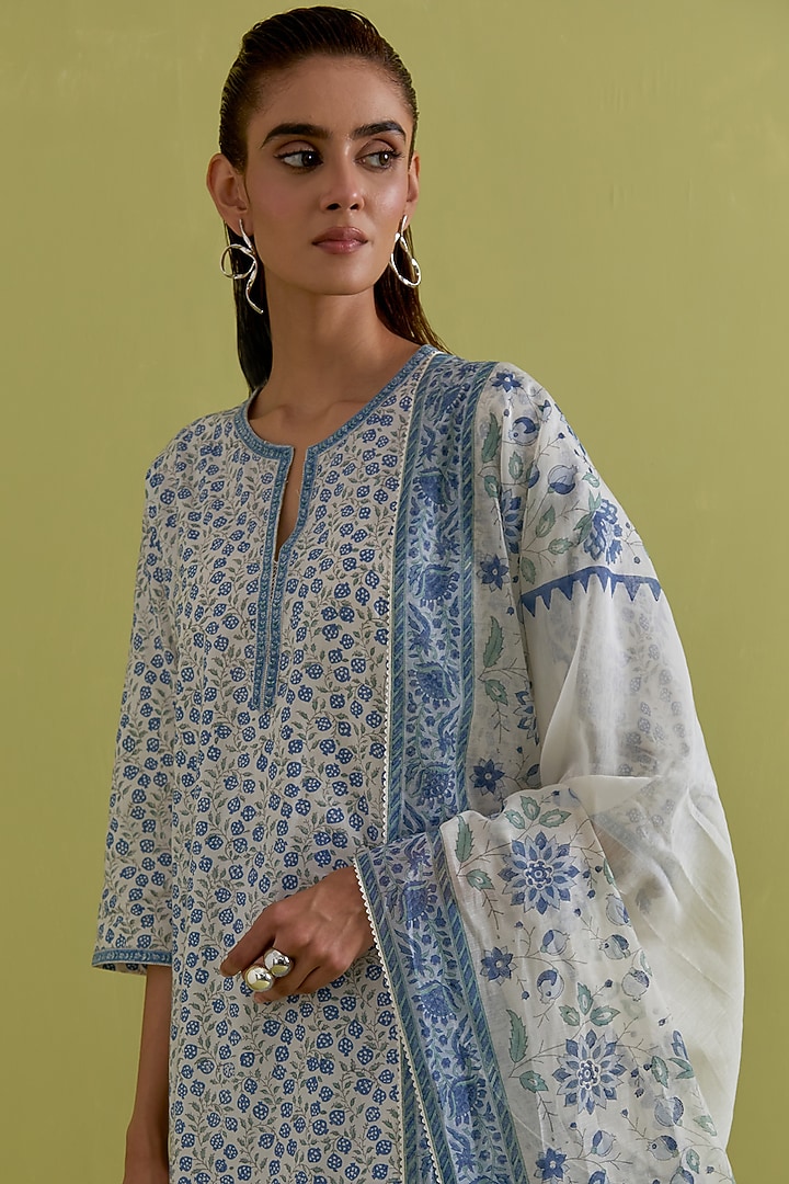 Blue & Green Cotton Chanderi Floral Printed Kurta Set by Kora at Pernia's Pop Up Shop