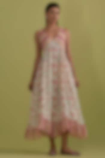 Pink & Green Cotton Chanderi Floral Printed Summer Dress by Kora at Pernia's Pop Up Shop