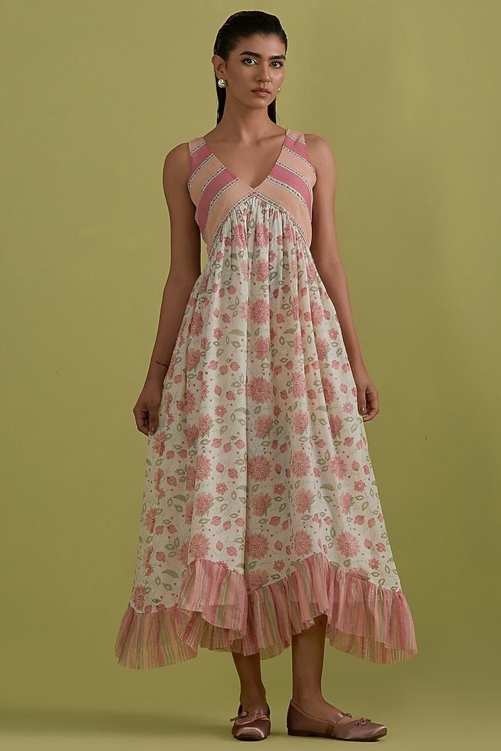 Pink & Green Cotton Chanderi Floral Printed Summer Dress by Kora at Pernia's Pop Up Shop