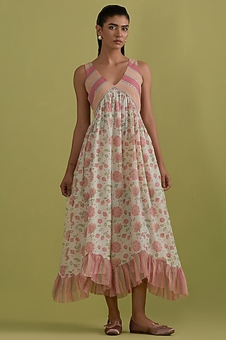 Pink & Green Cotton Chanderi Floral Printed Dress by Kora