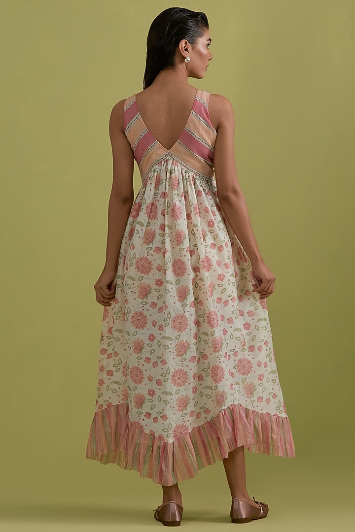 Pink & Green Cotton Chanderi Floral Printed Summer Dress by Kora at Pernia's Pop Up Shop