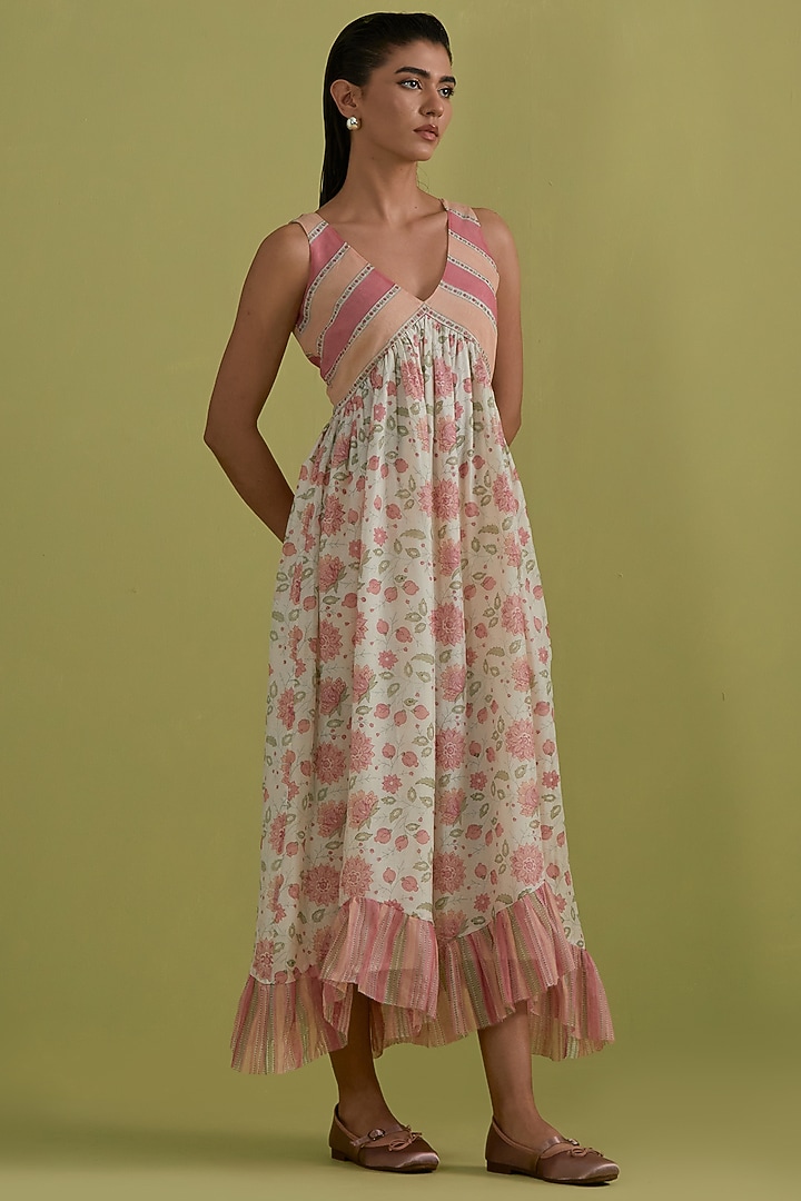 Pink & Green Cotton Chanderi Floral Printed Summer Dress by Kora at Pernia's Pop Up Shop