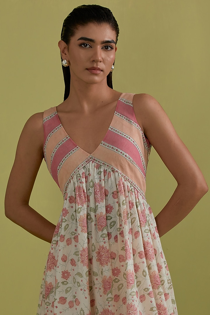 Pink & Green Cotton Chanderi Floral Printed Summer Dress by Kora at Pernia's Pop Up Shop