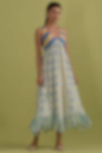 Blue & Yellow Cotton Chanderi Floral Printed Summer Dress by Kora at Pernia's Pop Up Shop
