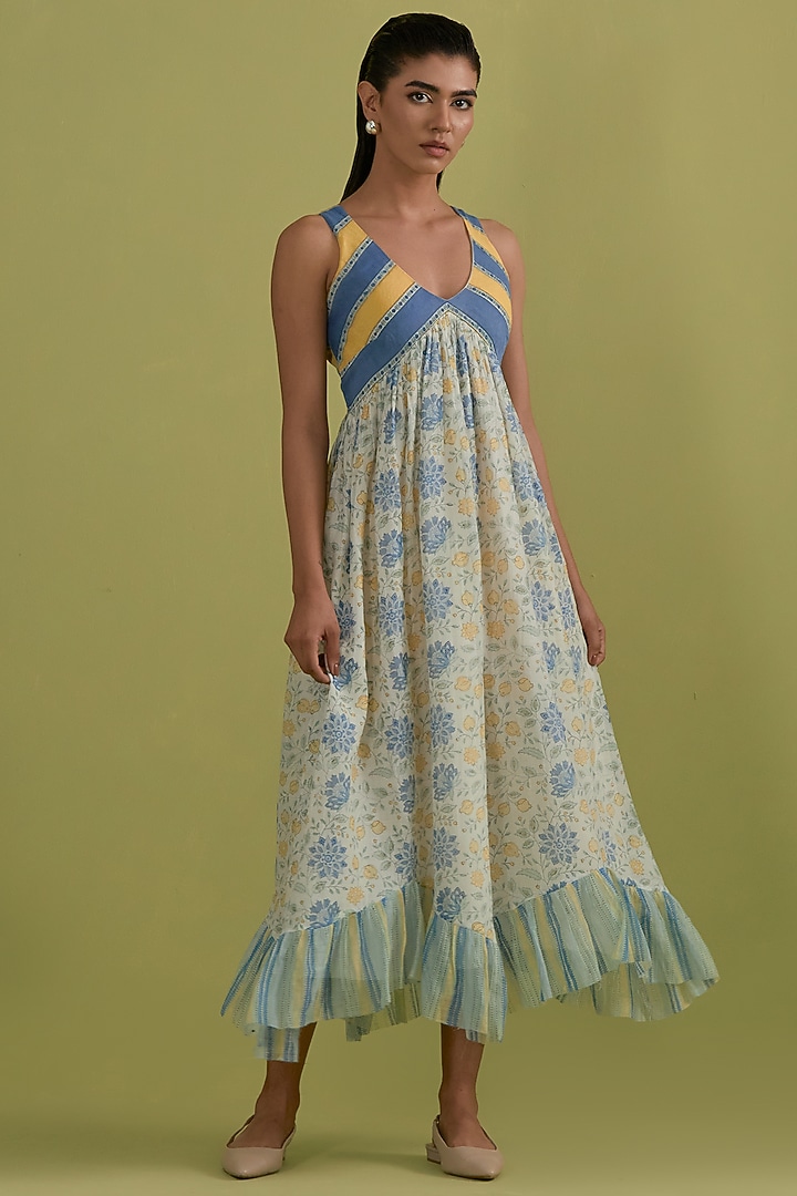 Blue & Yellow Cotton Chanderi Floral Printed Summer Dress by Kora at Pernia's Pop Up Shop