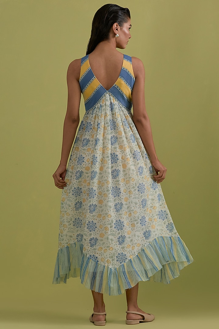 Blue & Yellow Cotton Chanderi Floral Printed Summer Dress by Kora at Pernia's Pop Up Shop