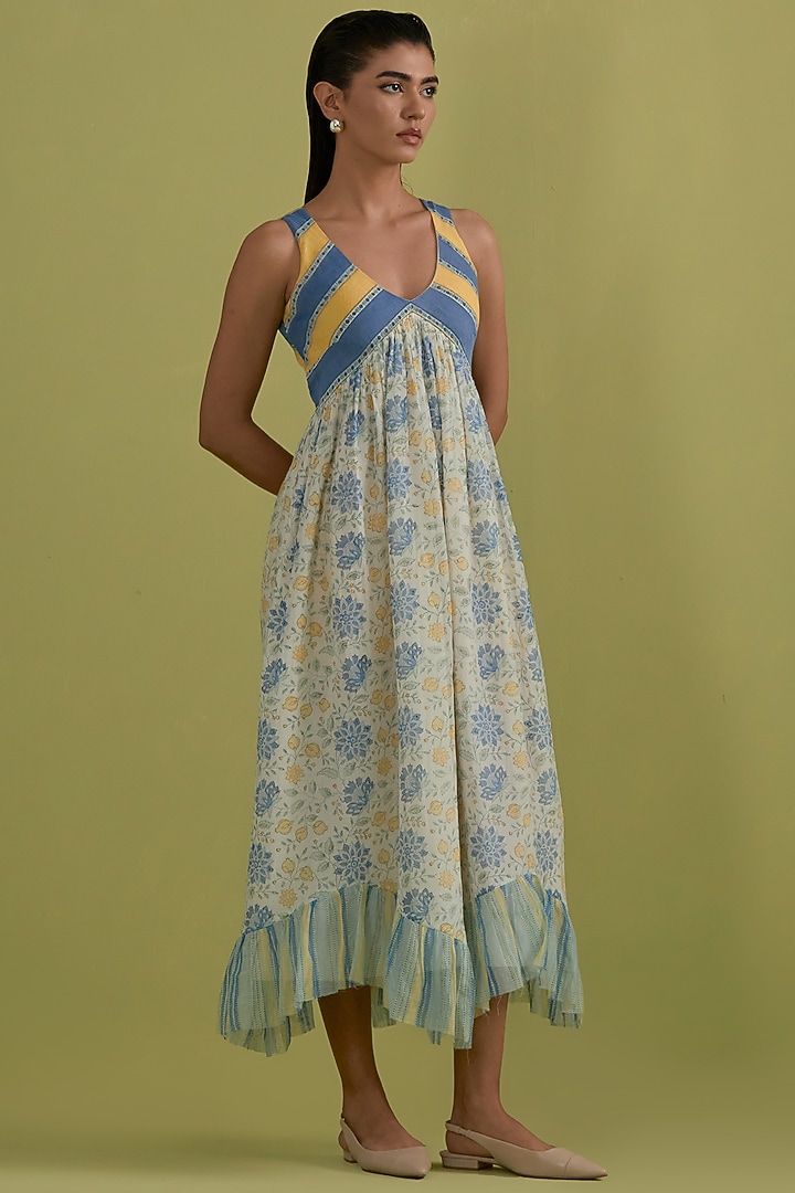 Blue & Yellow Cotton Chanderi Floral Printed Summer Dress by Kora at Pernia's Pop Up Shop