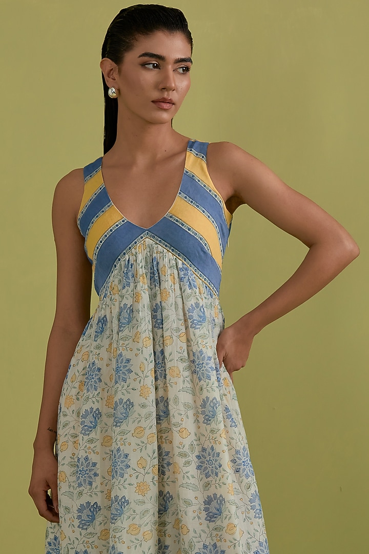 Blue & Yellow Cotton Chanderi Floral Printed Summer Dress by Kora at Pernia's Pop Up Shop