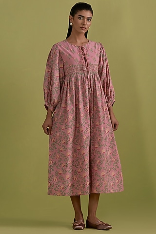 Pink Cotton Hand-Block Printed Dress by Kora