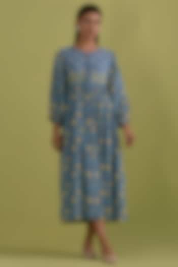 Blue & Yellow Cotton Hand-Block Printed Summer Dress by Kora at Pernia's Pop Up Shop