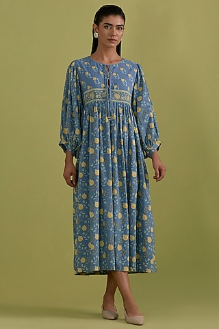 Blue & Yellow Cotton Hand-Block Printed Dress by Kora