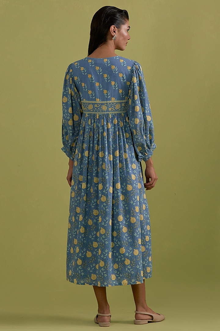 Blue & Yellow Cotton Hand-Block Printed Summer Dress by Kora at Pernia's Pop Up Shop