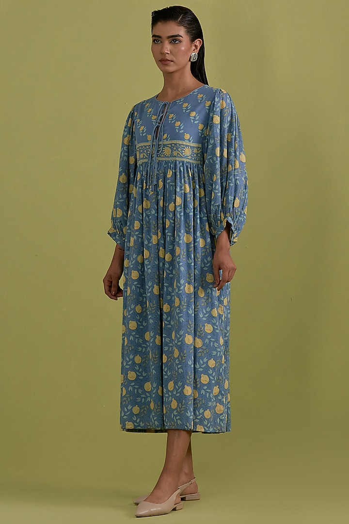 Blue & Yellow Cotton Hand-Block Printed Summer Dress by Kora at Pernia's Pop Up Shop