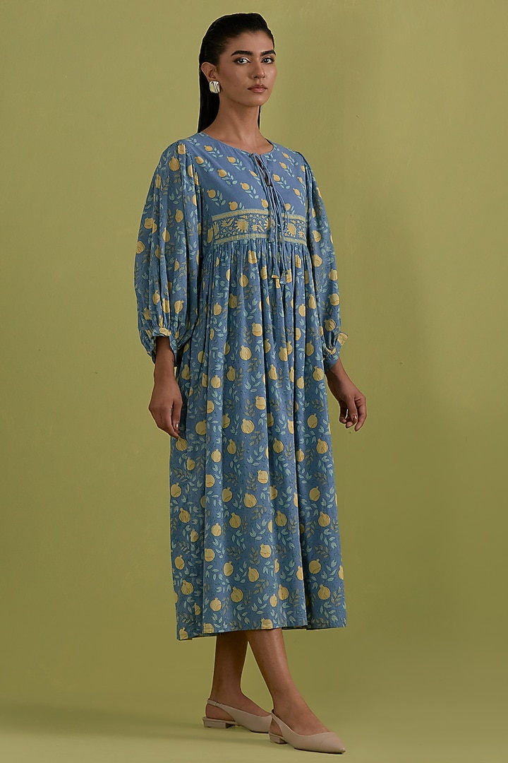 Blue & Yellow Cotton Hand-Block Printed Summer Dress by Kora at Pernia's Pop Up Shop