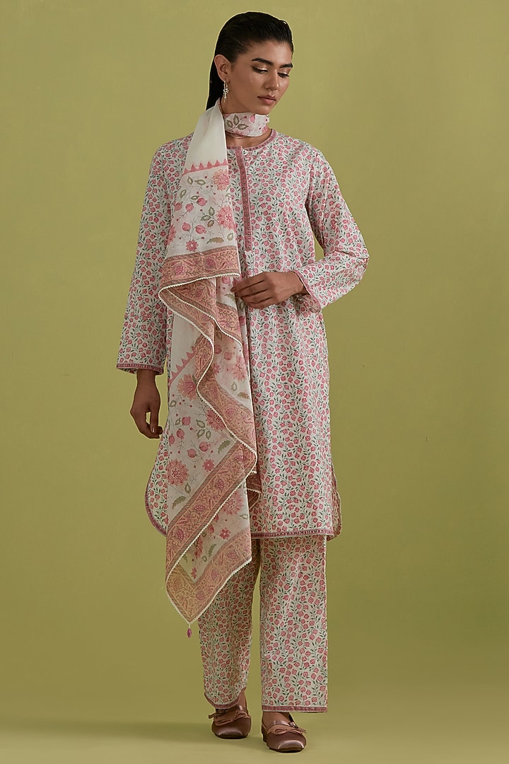 Pink & Green Cotton Hand-Block Printed Kurta Set by Kora at Pernia's Pop Up Shop