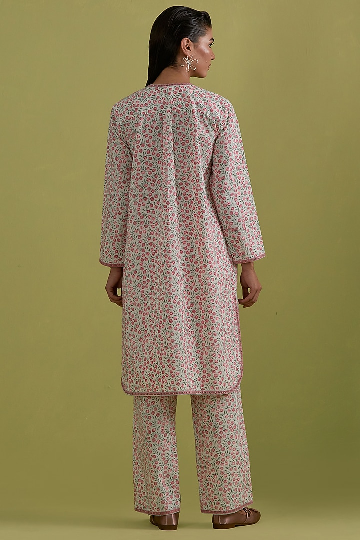 Pink & Green Cotton Hand-Block Printed Kurta Set by Kora at Pernia's Pop Up Shop