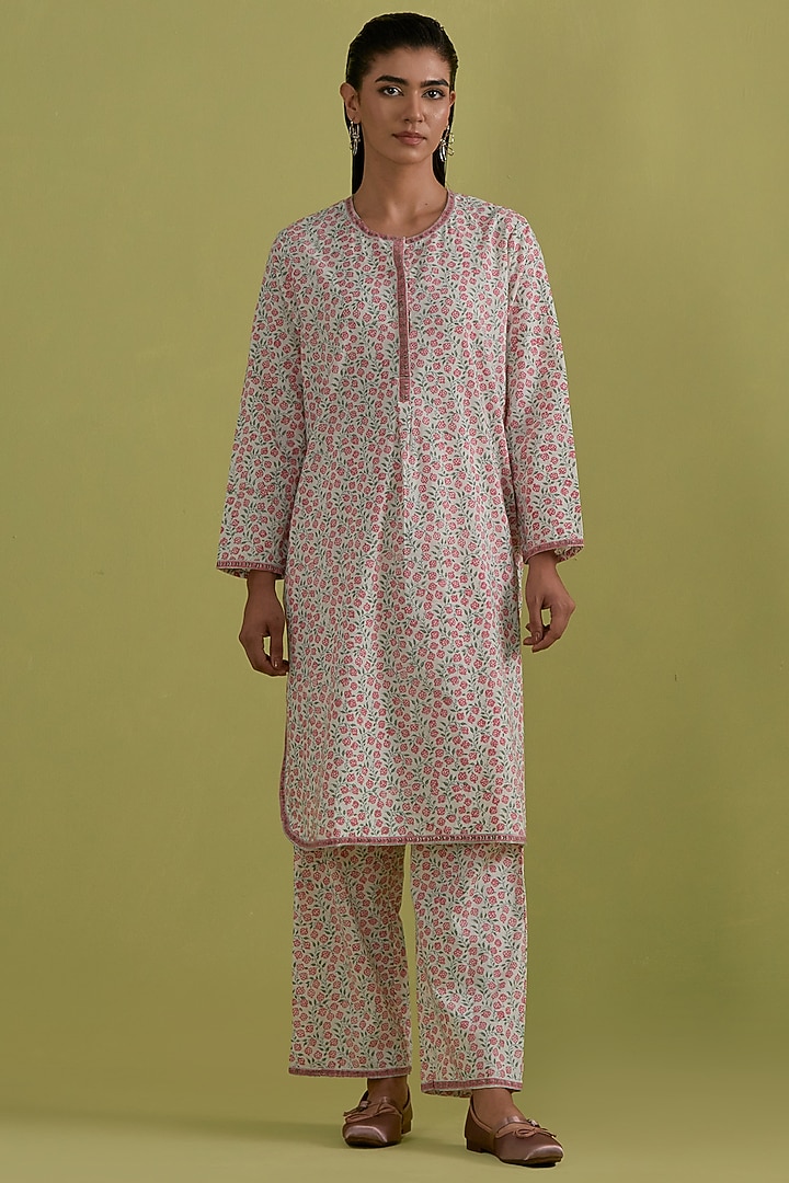 Pink & Green Cotton Hand-Block Printed Kurta Set by Kora at Pernia's Pop Up Shop