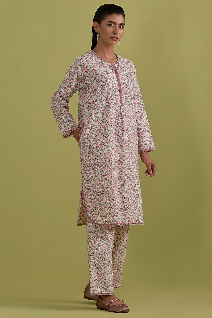 Pink & Green Cotton Hand-Block Printed Kurta Set by Kora at Pernia's Pop Up Shop