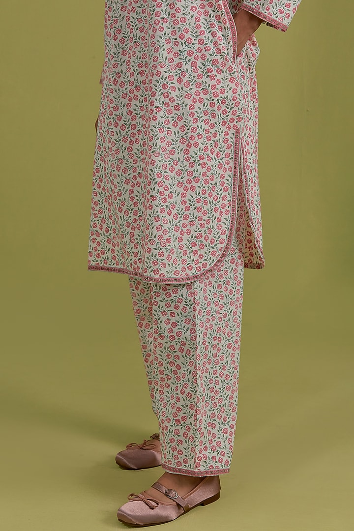 Pink & Green Cotton Hand-Block Printed Kurta Set by Kora at Pernia's Pop Up Shop