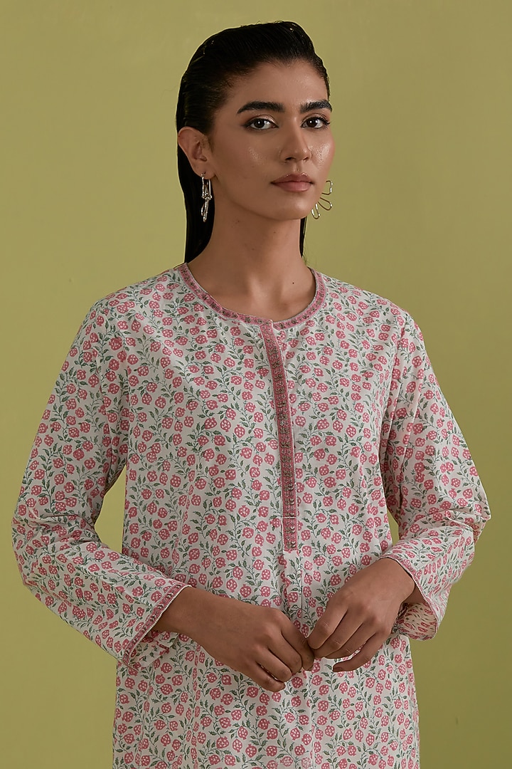 Pink & Green Cotton Hand-Block Printed Kurta Set by Kora at Pernia's Pop Up Shop