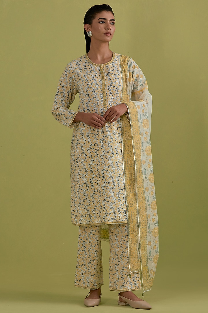 Yellow & Green Cotton Hand-Block Printed Kurta Set by Kora at Pernia's Pop Up Shop
