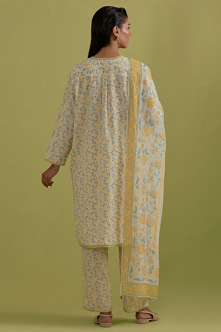 Yellow & Green Cotton Hand-Block Printed Kurta Set by Kora at Pernia's Pop Up Shop